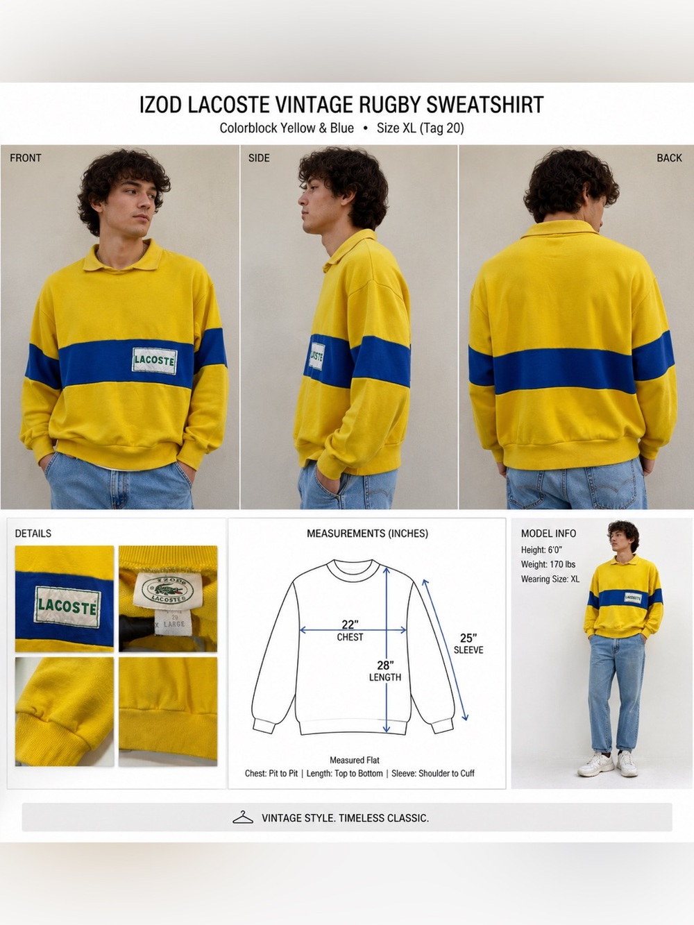 Vintage IZOD Lacoste Colorblock Rugby Sweatshirt Yellow Blue Collared Pullover M